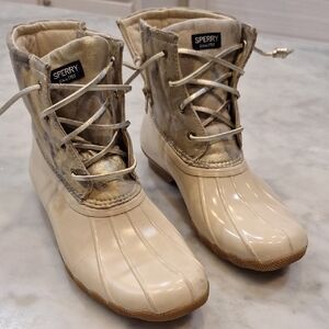 Sperry Cream Silver Camoflauge Lace-Up Duck Boots Sz 5M Some Wear Rain Snow Gear